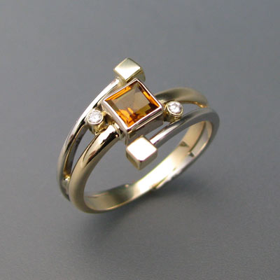 Bicolor ring met diamant en citrien